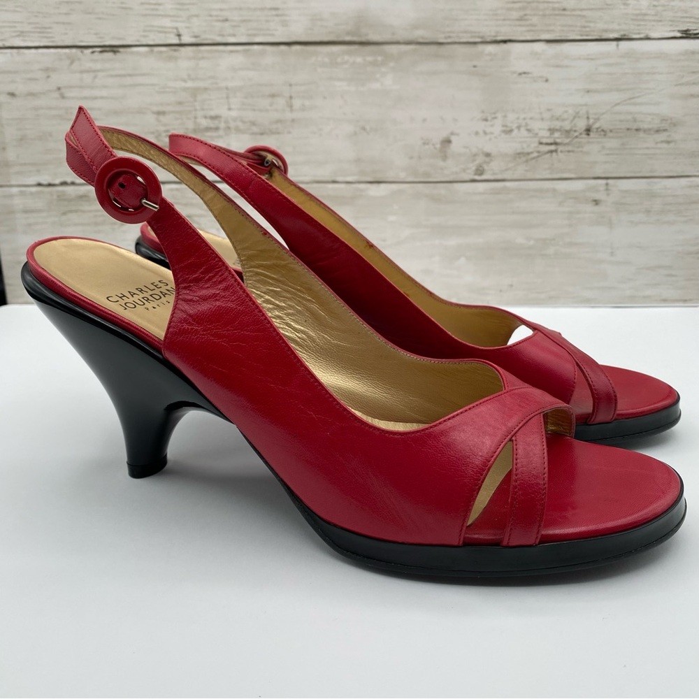 Charles Jourdan Red Leather Pumps With Back Heel